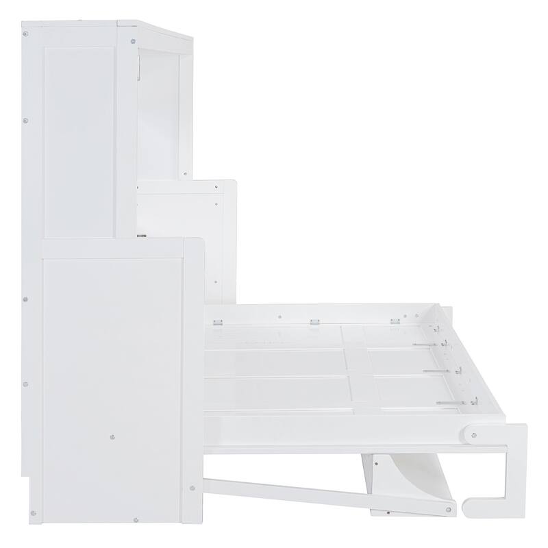 Space-Saving White Murphy Bed with Hydraulic Lift & Foldable Desk - Full/Queen Size