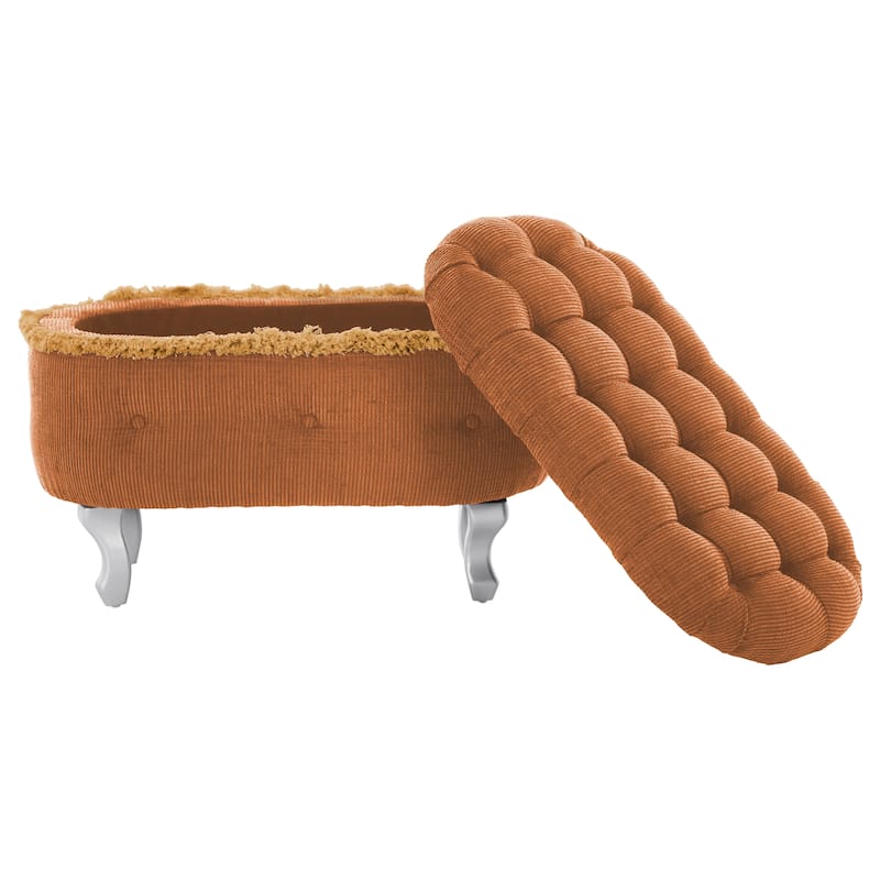 Roomfitters Upholstered Storage Bench with Button Tufted Top, End of Bed Bench with Fringe and Curved Legs