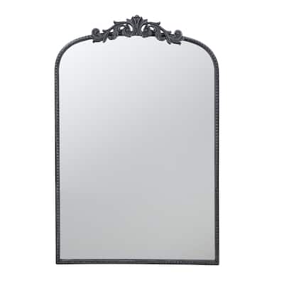 Kea 36 Inch Wall Mirror, Black Curved Metal Frame, Baroque Accent Design