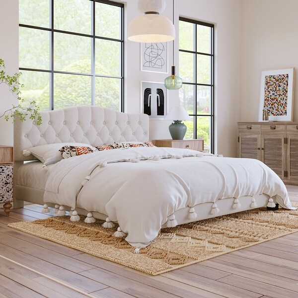 White Padded Bed Frame with Diamond Tufted Headboard