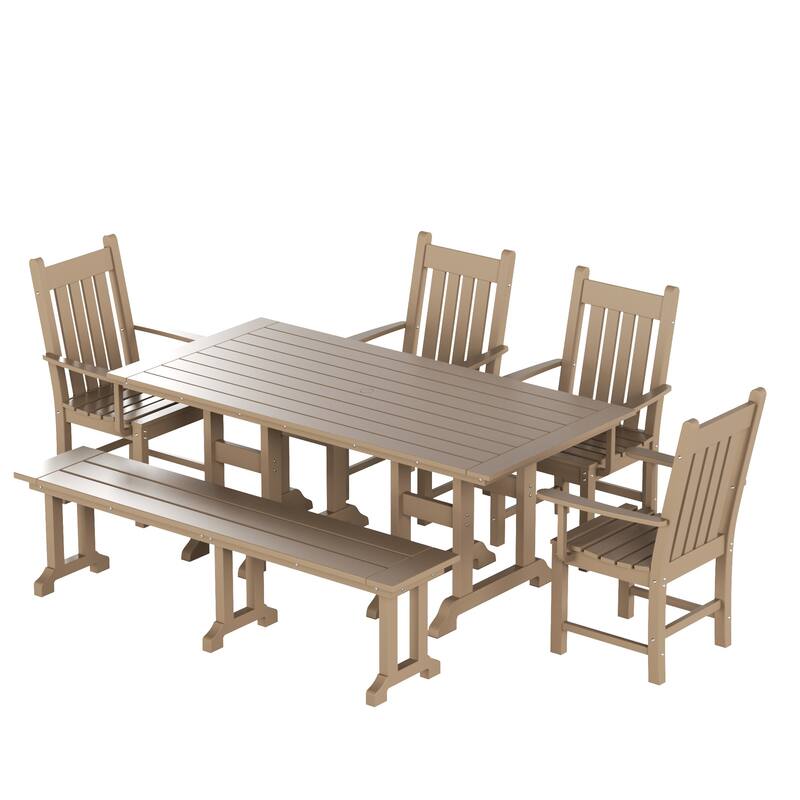 Laguna Hdpe All Weather Outdoor Patio Dining Set with Rectangle Table, Arm Chairs and Bench (6-Piece Set)