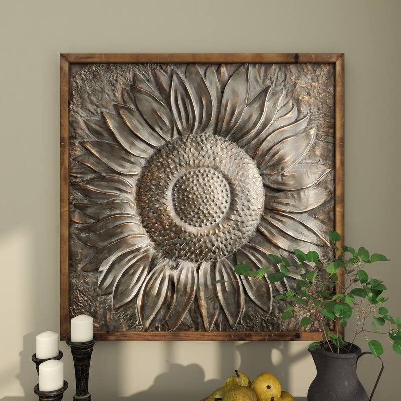 Gray Metal Sunflower Floral Home Wall Decor with Embossed Details