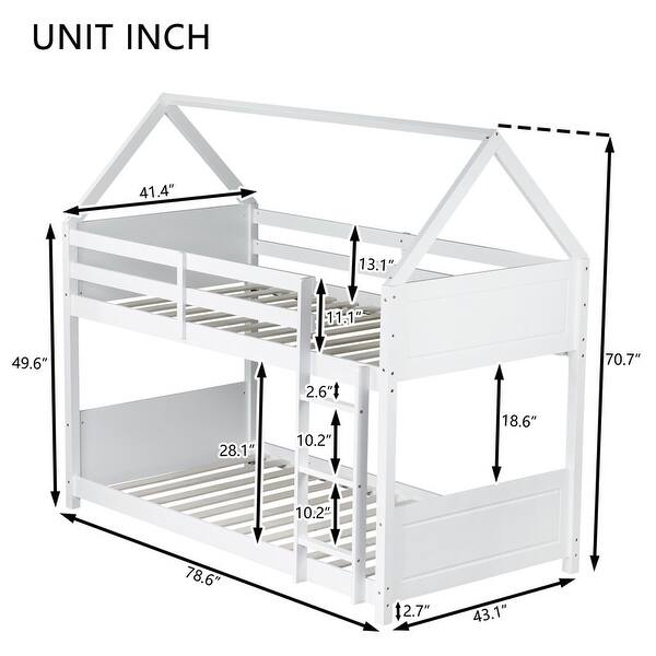 dimension image slide 0 of 3, Wooden Low Height Twin Over Twin Bunk Bed Kids Bed with Guardrails,Ladder