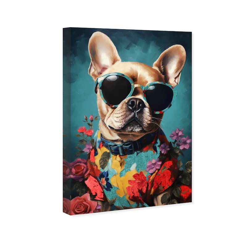Wynwood Studio Canvas Animals Floral Shirt Pup Blue and Teal Traditional Wall Art Canvas Print - Blue, Red