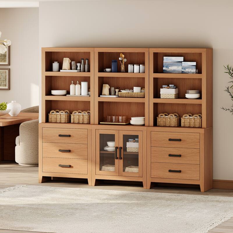 WAMPAT 74" Tall Bookshelf with Glass Doors and Drawers, 3-Tier Farmhouse Storage Cabinet