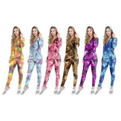 Womens 2Piece Anti Cellulite Jogger Tracksuit Hoodie Tie Dye Lightweight Fast Dry