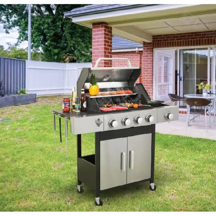 4-Burner Propane Gas Stainless Steel BBQ Grill with Side Burner and Enameled Cast Iron Cooking Grids for Outdoor Barbecue
