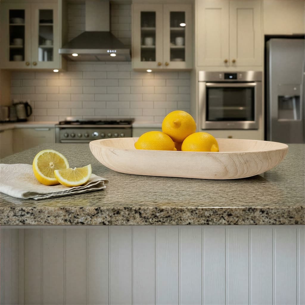Hand-Carved Paulownia Wood Bowl - 14.5"L x 10.3"W x 2.0"H