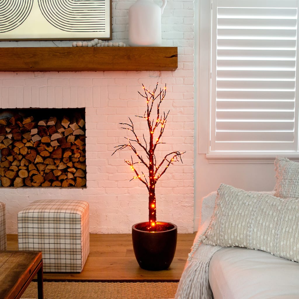Pre-Lit Black Artificial Halloween Twig Tree - 4' - Dual Color LED Lights