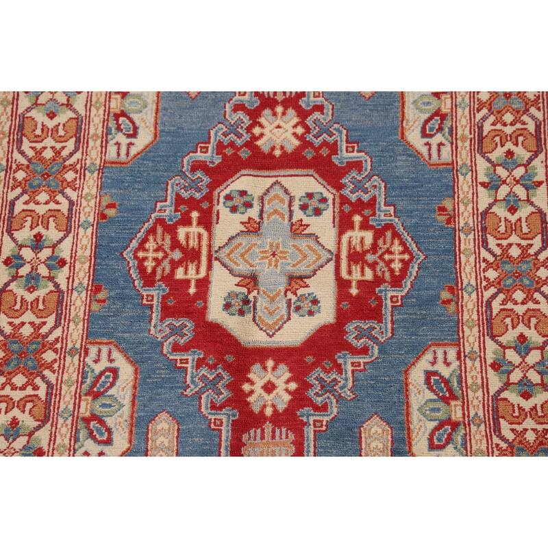 Blue Geometric Kazak Accent Rug Handmade Wool Carpet - 3'2"x 4'8"