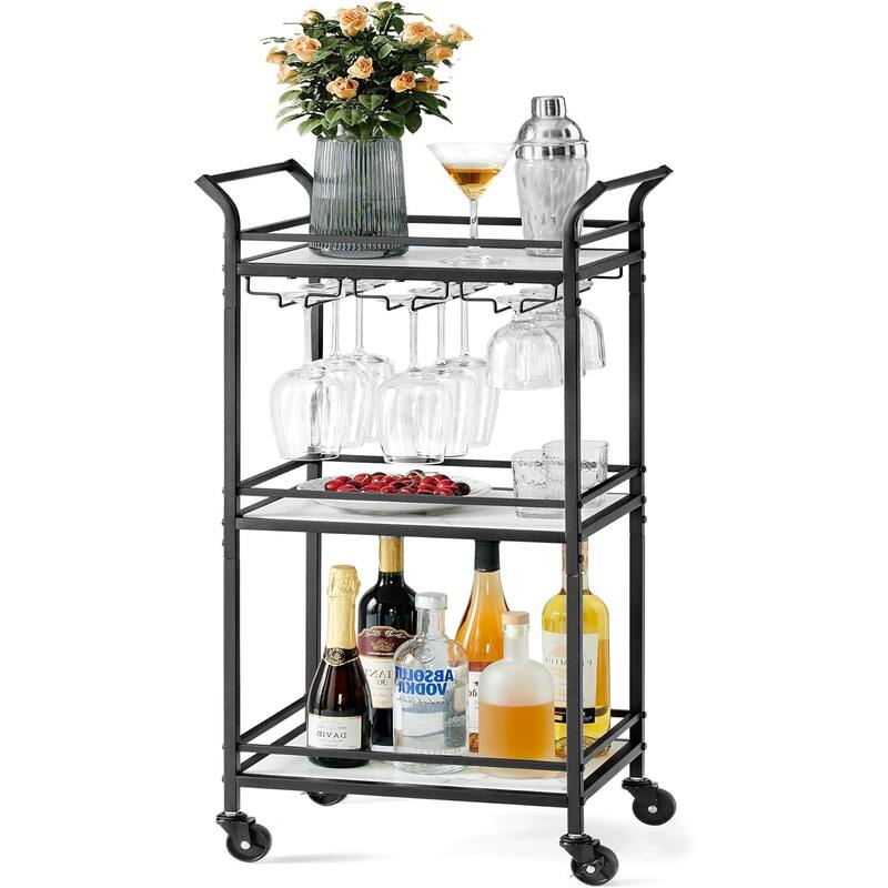 Mini Bar Cart with 3-Tier Shelf, Wine Holders, Glass Holders