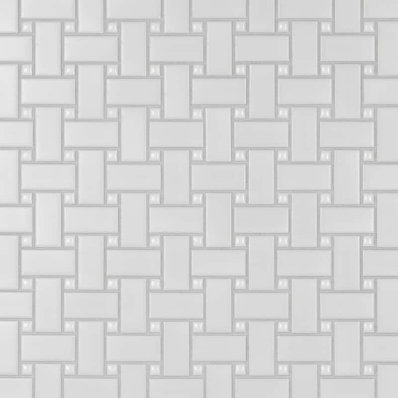 Merola Tile Metro Basketweave White w/ Glossy White Dot 11-3/4" x 11-3/4" Porcelain Floor and Wall Tile