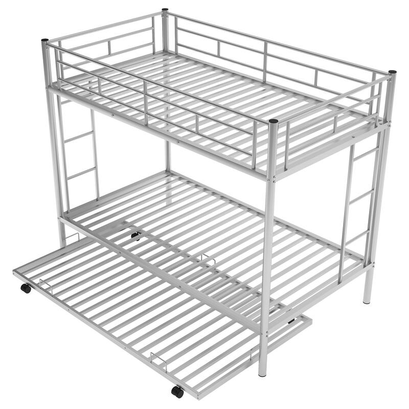 Twin over Twin Bunk Bed with Trundle, Silver, Metal Frame, Space-Saving Design