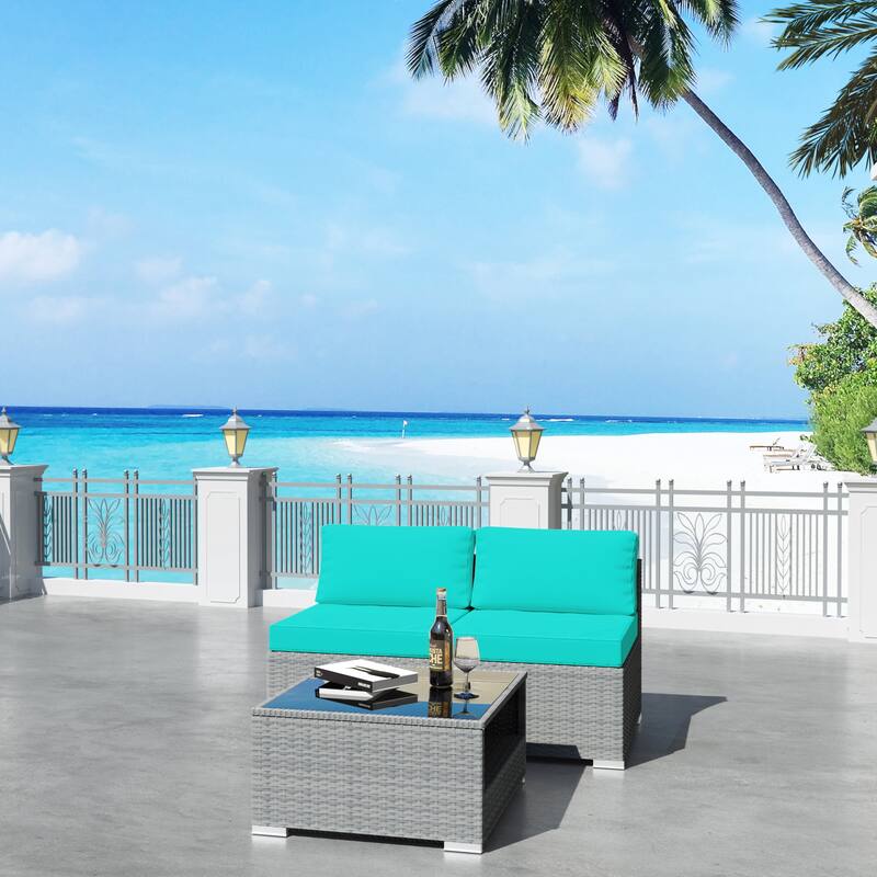 3-Piece Wicker Outdoor Patio Furniture Sectional Conversation Set with Cushion and Side Table - Turquoise