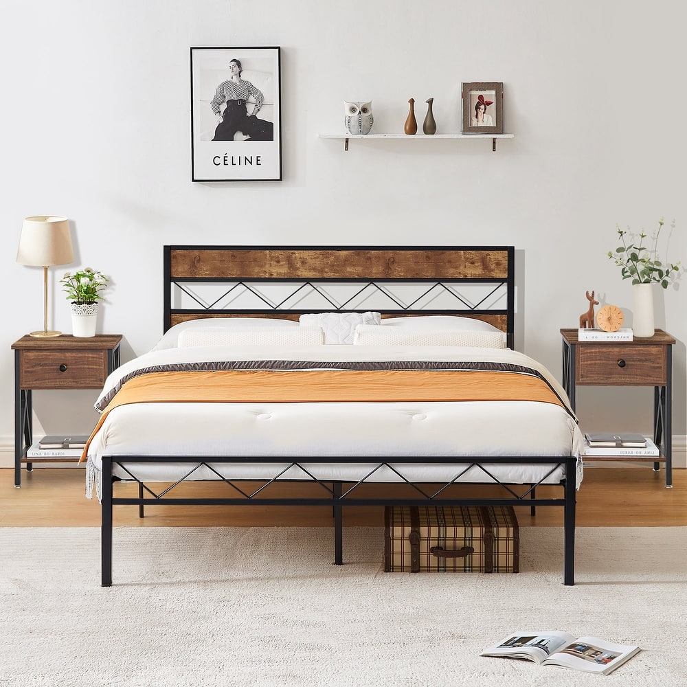 VECELO 3 Piece Bedroom Set Platform Bed Frame and Nightstands Set of 2