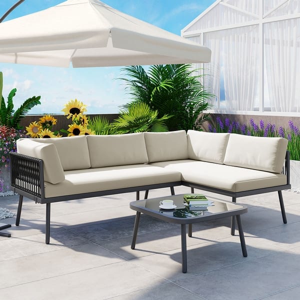 l shaped patio furniture umbrella Livli™ Modular Rope-Woven L-Shaped Sofa – Kingdom Transform your patio into a stylish and comfortable retreat with the JARDINA L NATURAL EXPRESSIONS 6 Pieces Patio