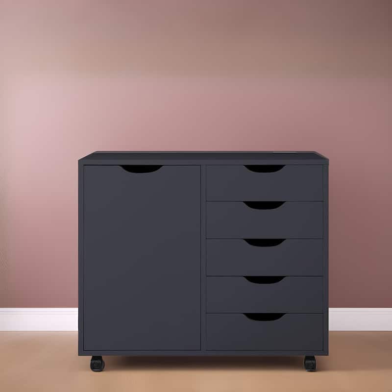 5-Drawer Wood Storage Dresser Cabinet with Wheels - Craft Organizer and Makeup Drawer Unit for Closet and Bedroom