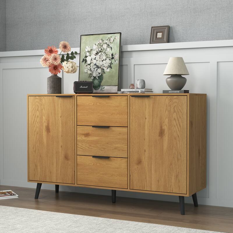 Sideboard Cabinet with Storage, Buffet Sideboard with 3 Drawers and 2 Doors, Wood Coffee Bar Cabinet with Adjustable Shelves