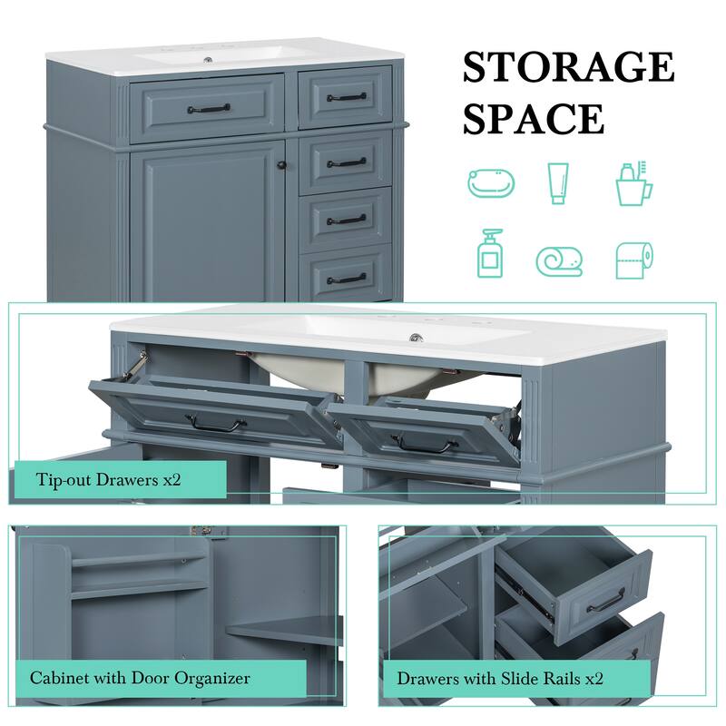 Roomfitters 36" Bathroom Vanity with Sink, Solid Wood Legs, 4 Drawers & Soft-Close Door with Storage Rack