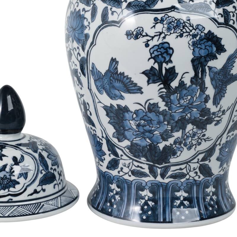 Ceramic Chinoiserie Floral Decorative Temple Jar - Blue 18"