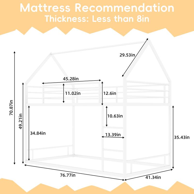 Twin Size Floor Bunk Bed, Iron House Bunk Bed Frame, Twin over Twin, Heavy Duty Metal Slat Support, No Box Spring Needed