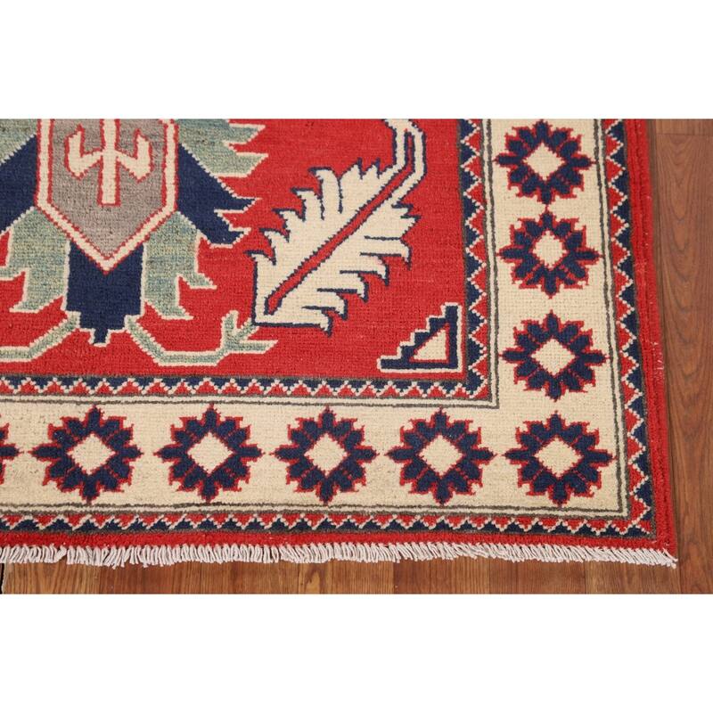 Geometric Red Kazak Oriental Accent Rug Hand-Knotted Wool Carpet - 3'5" x 4'11"