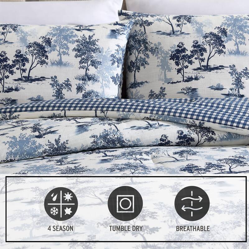 Eddie Bauer Vintage Forest Toile Cotton Reversible Blue Comforter Set