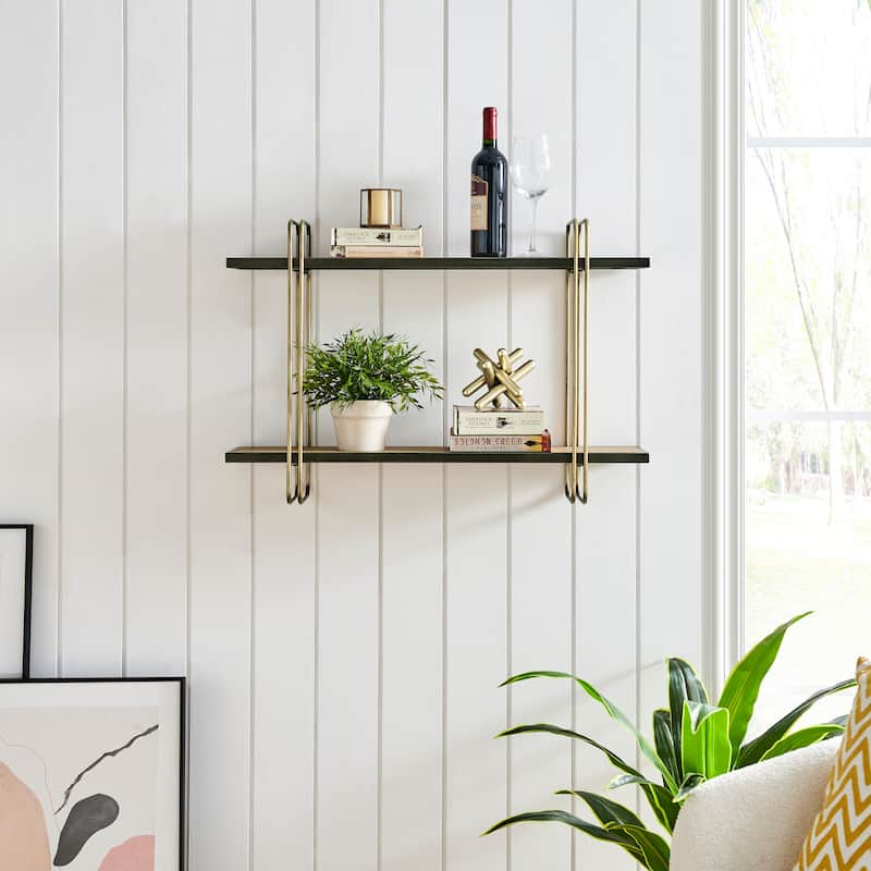 Danya B. Two-Tier Warm Gold and Washed Oak Brown Metal Hanging Bracket Wall Mounted Shelf
