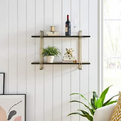 Danya B. Two-Tier Warm Gold and Washed Oak Brown Metal Hanging Bracket Wall Mounted Shelf