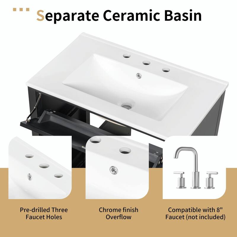 Bathroom Vanity with Sink, Modern MDF and Rubberwood Cabinet with 3 Drawers and Adjustable Shelf