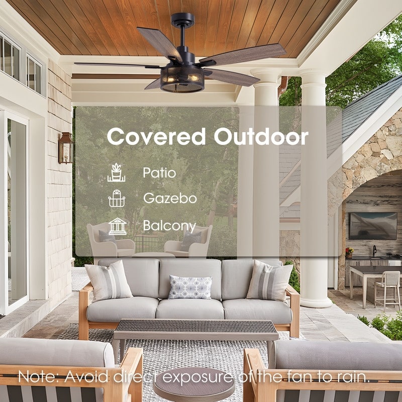 52 Inch Farmhouse Ceiling Fan with Light and Remote Black Industrial Caged Ceiling Fans Flush Mount 6-Speed Design for Bedroom