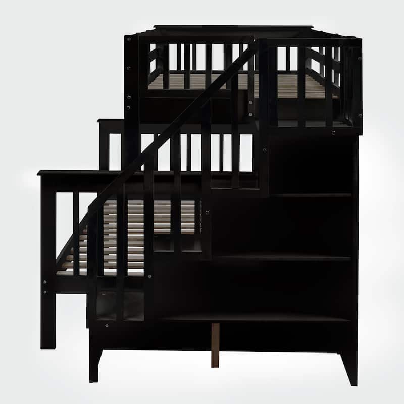Twin-Over-Full Bunk Bed with Storage Stairway and Twin Trundle, Solid Pinewood Bunk Bed Frame, Divided Into 2 Individual Beds