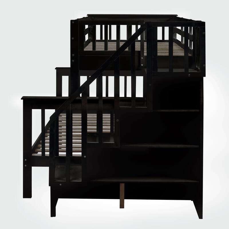 Twin-Over-Full Bunk Bed with Trundle, Storage, and Guard Rail for Bedroom or Dorm