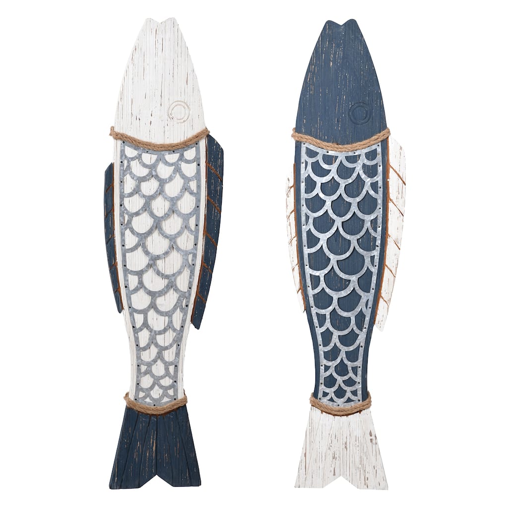 StyleCraft Couple Fish Wood Wall Décor - Dark Blue and White - Set of 2