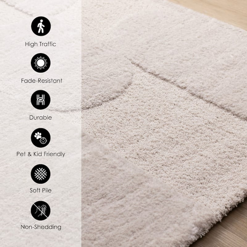 Luxurious Neutral White Overlapping Blocks Soft Textured Rug