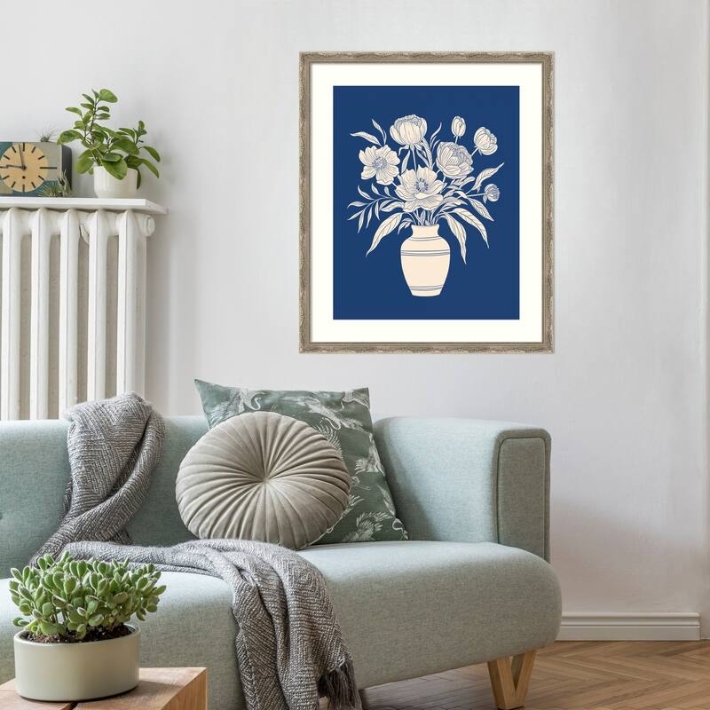 Flower Bouquet Vase on Blue by The Creative Bunch Studio Wood Framed Wall Art Print - Mila Dark Silver