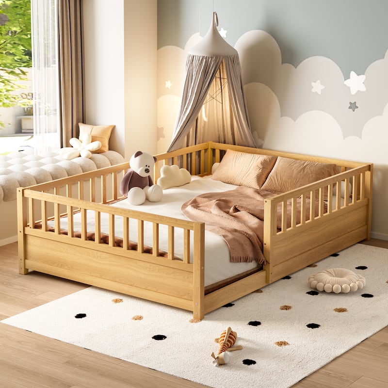 Floor Bed Pine Wood Bed Frame with Fence for Kids Easy Assembly