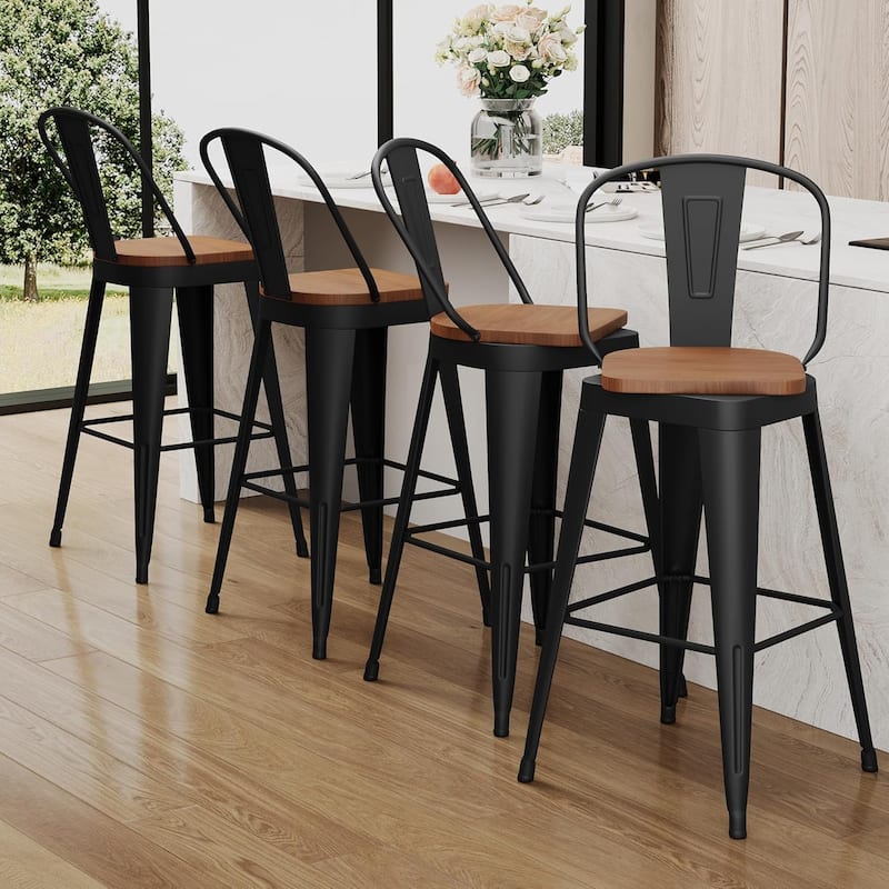 Swivel Counter & Bar Stools with Metal Frame Farmhouse 26" and 30" Seat Height Kitchen Barstools with High Back and Wooden Seat - Black - Counter Height - Set of 4