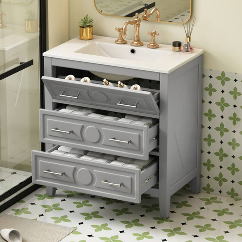 30" Bathroom Vanity with Ceramic Sink Set with 3 Drawers