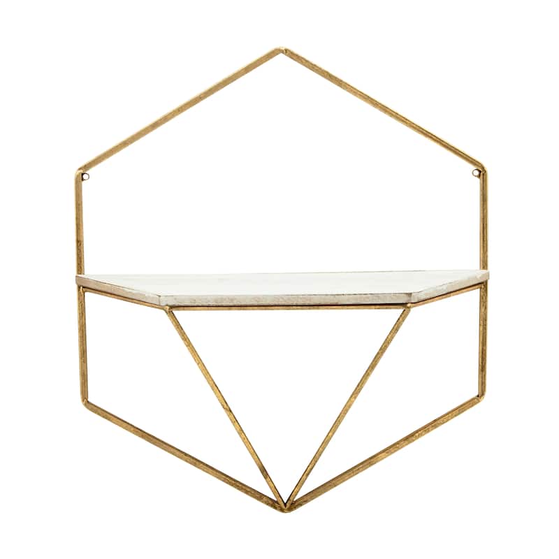 Set of 2 Hexagon Wall Shelves Contemporary Glam Gold and White Metal and Wood Decorative Floating Wall Storage - 17" x 7" x 17"