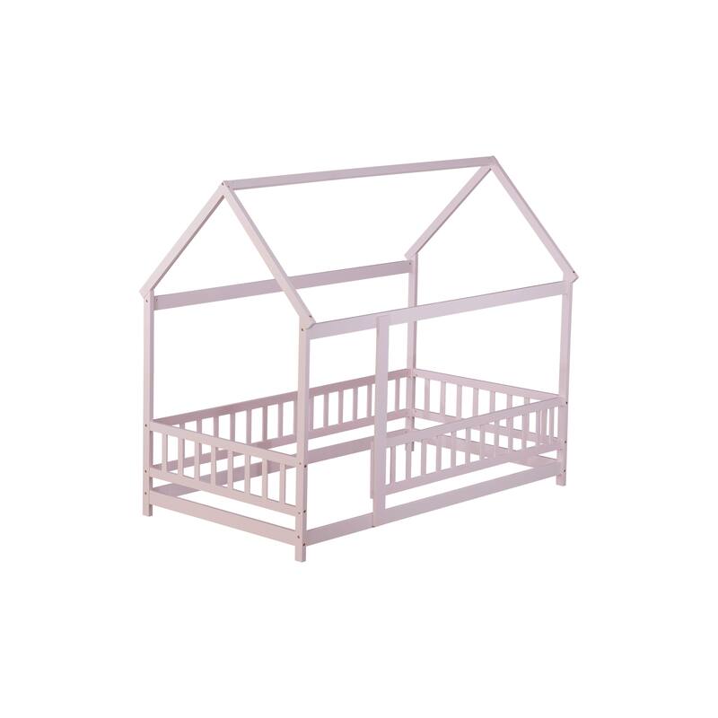 Twin Size Wooden Floor Bed with Roof Frame and Safety Guardrails, Pink