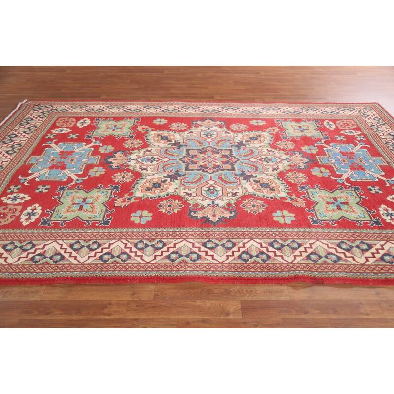 Hand Knotted Oriental 100% Wool Carpet Traditional Geometric Red Kazak Area Rug - 9' 10'' X 6' 5''