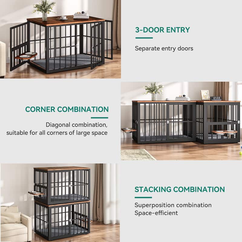 Double Dog Crate Furniture, TV Stand with Removable Divider and Feeding Bowls