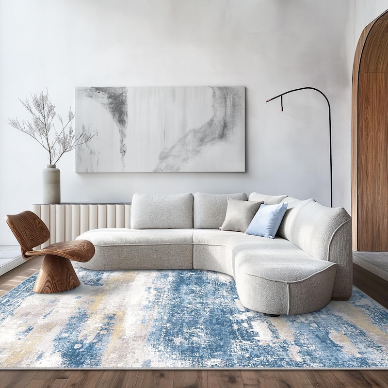 Mcow Modern Abstract Blue & Cream Low-Pile Area Rug