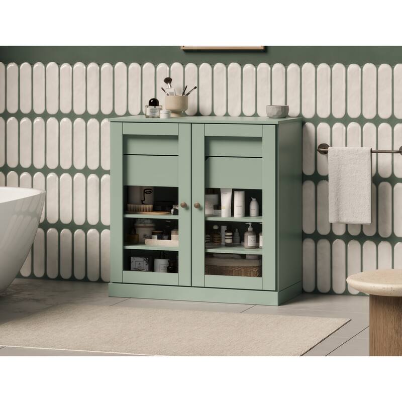 Palace Imports 100% Solid Wood 32" Bathroom Cabinet with Clear Glass Doors, 2-Drawers and Adjustable Shelves - Sage