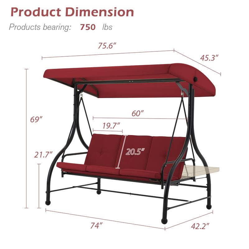 AECOJOY 3-Seat Outdoor Porch Swing w/ Canopy Outdoor Swing Bed