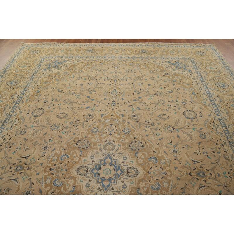 Hand Knotted Oriental 100% Wool Carpet Traditional Floral Beige & Ivories Kashan Area Rug - 13' 3'' X 9' 8''