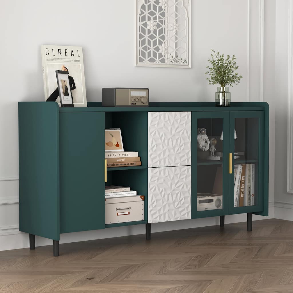 Kitchen Storage Cabinet Coffee Bar Cabinet Green Sideboard wGlass Doors, 2 Drawers Buffet Table TV Console Table Display Cabinet