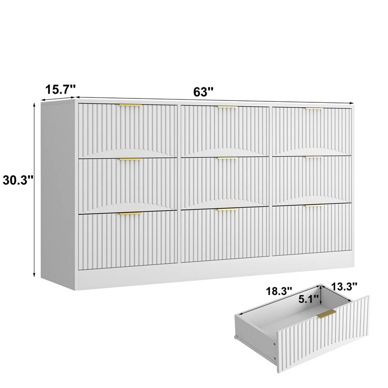Modern 9 Drawer Dresser with Wavy Drawer Fronts, 63 Inch Wide Wooden Chest of Drawers for Bedroom Living Room