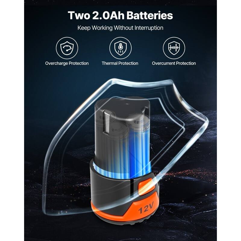 Black Brushless Cordless Impact Driver 12V DC with 1062 in-lbs Torque, LED Light and Dual Batteries - 5.9 x 2.2 x 7.3 in